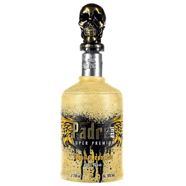 בקבוק טקילה פאדר רפוסאדו 750 מ''ל עם פקק גולגולת זהב לוגו שחור וזהב וטקסטורת מראה זהב יוקרתית