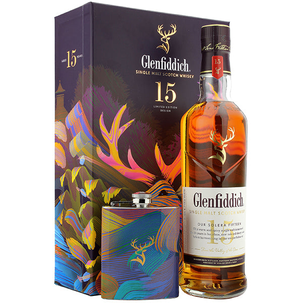 בקבוק ויסקי גלנפידיך 15 שנים עם פלאסק ומארז מעוצב - יאן משקאות וויסקי מארזי אלכוהול|