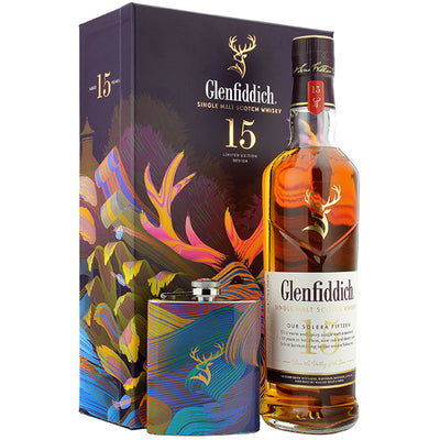 בקבוק ויסקי גלנפידיך 15 שנים עם פלאסק ומארז מעוצב - יאן משקאות וויסקי מארזי אלכוהול|