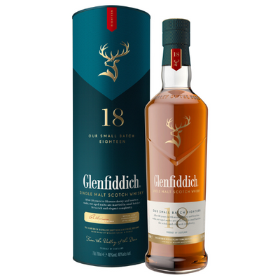ובקבוק וויסקי Glenfiddich Single Malt Scotch גלנפידיך 18 שנה 700 מ''ל באריזה ירוקה עם לוגו אייל||