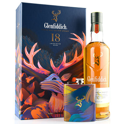 בוטל וויסקי גלנפידיך 18 שנה במארז המודגש ע''י צבעוניות מרהיבה ותמונות של איילים - Shopping IL מארזי אלכוהול|