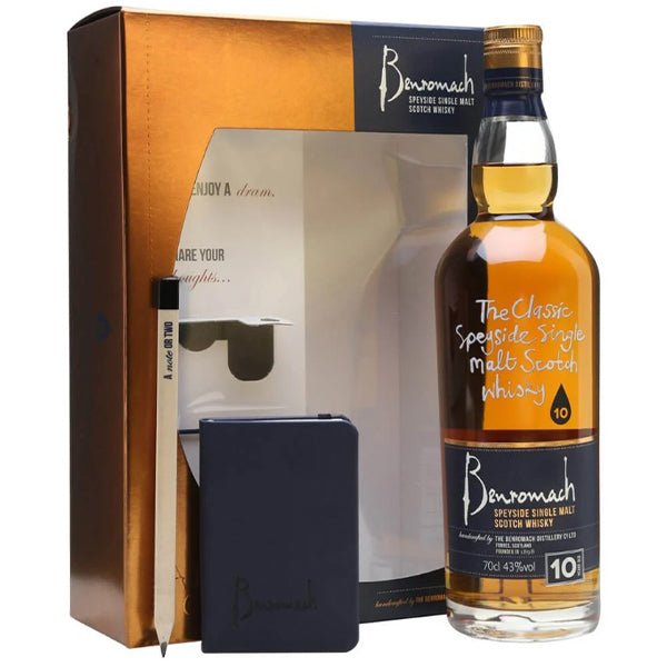 מארז וויסקי Benromach 10 שנים עם ספר כיס ועיפרון מתנה איכותית מרחבת Speyside