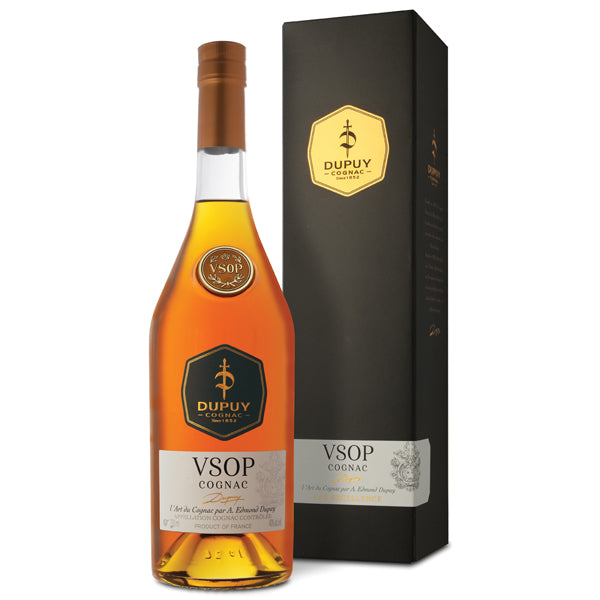 בקבוק דופוי VSOP 700 מ''ל קוניאק מהודר מבית Dupuy עם איטום צבע כתום ותווית אלגנטית