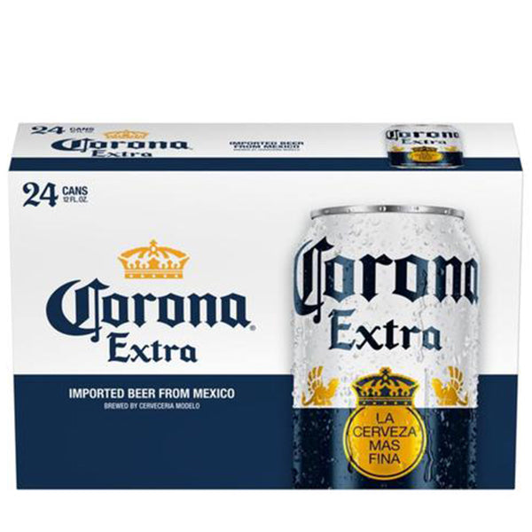 ארגז בירה פחית קורונה 24 יח'' קורונה לאגר צבעי לבן כחול וזהב לוגו ומוטו LA CERVEZA MÁS FINA