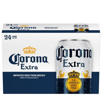 ארגז בירה פחית קורונה 24 יח'' קורונה לאגר צבעי לבן כחול וזהב לוגו ומוטו LA CERVEZA MÁS FINA