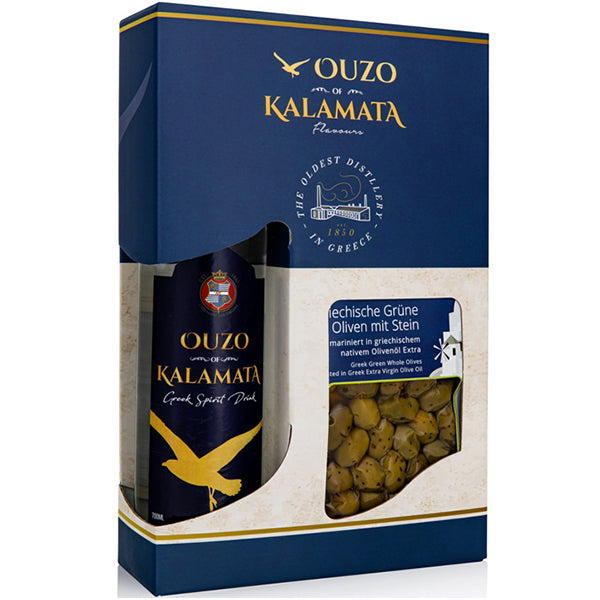 מארז אוזו קלמטה 700 מ''ל עם זיתים ועיצוב כחול קלמטה