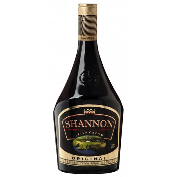 בקבוק שאנון אייריש קרים 1 ליטר ליקר בצבעים כהה זהב ולבן נוף פסטורלי