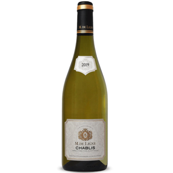 בקבוק שאבלי מ.דה ליני 750 מ''ל יין לבן איכותי תווית בגוונים ניטרליים ואלגנטיים