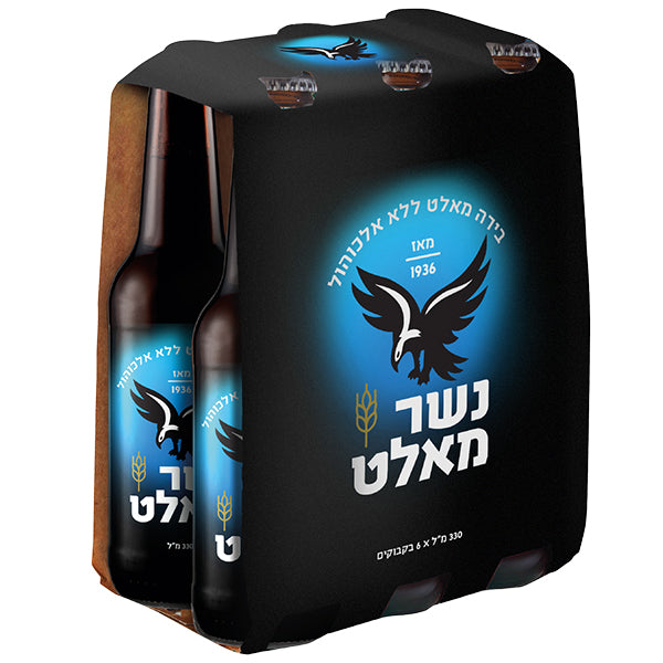 חבילת שישיית בירה שחורה נשר 330 מ''ל בעיצוב איקוני רקע שחור וכיתוב תג לגר 1936