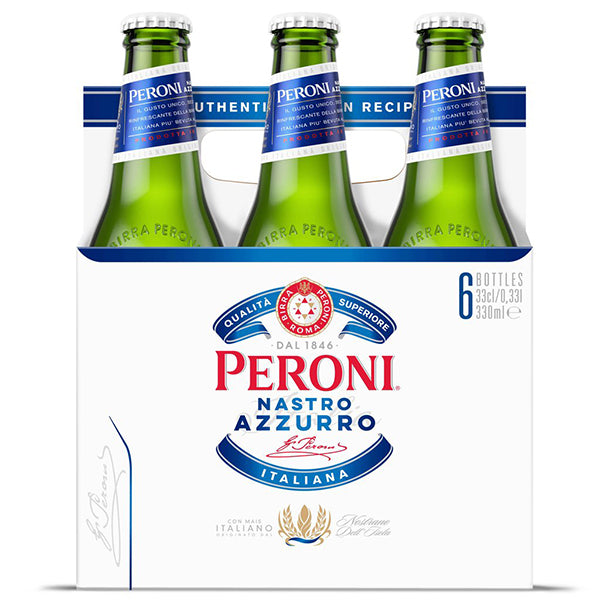 שישיית בירה פרוני 330 מ''ל באריזת לאגר איכותית צבע זכוכית ירוק ותווית כחול-לבן