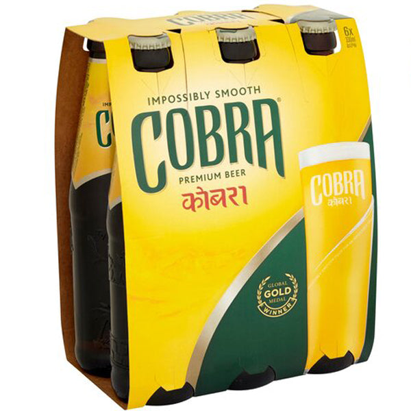 שישיית בירה 'קוברה' 330 מ''ל בירה לאגר מעוטרת בתוויות צהוב-ירוק ופרס מדלייה זהבית