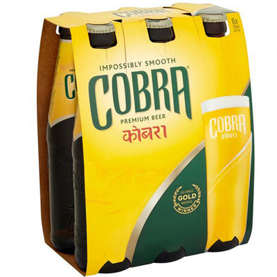 שישיית בירה 'קוברה' 330 מ''ל בירה לאגר מעוטרת בתוויות צהוב-ירוק ופרס מדלייה זהבית