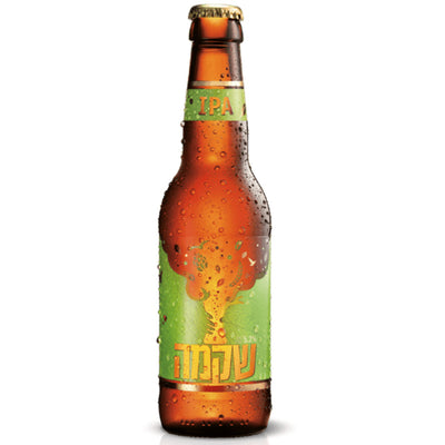 בקבוק בירה שקמה IPA 330 מ''ל בתוויות ירוק וכתום עם דימוי קפיצת בירה