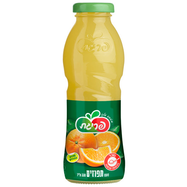 בקבוק שתיה תפוזים פריגת 330 מ''ל תווית ירוק ולבן לחץ טבעי טבעוני ללא חומרים משמרים