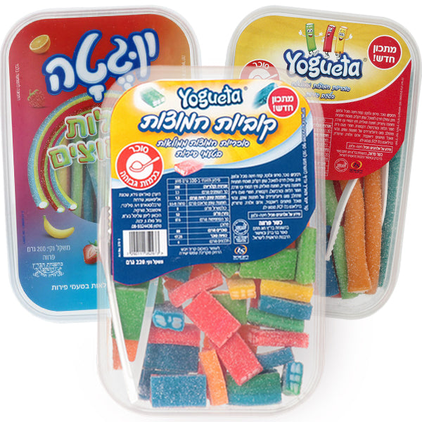 פרטי מבצע 3 מארזי יוגטה סוכריות גומי 220 גרם ממתקים נישנושים מוצגים באריזה צבעונית