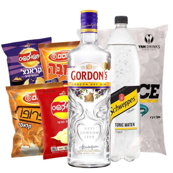 מארז גורדונס 1 ליטר | 1 טוניק 1.5 ליטר | שקית קרח 2 ק״ג | 3 חטיפים