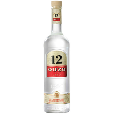בקבוק אוזו 12 1 ליטר פלומארי אניס צבע צלול ועיצוב אלגנטי