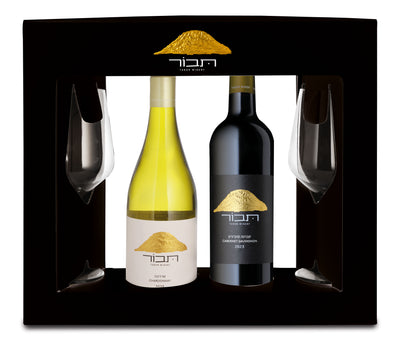 מארז תבור קברנה סוביניון + שרדונה + 2 כוסות יין