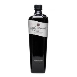 בקבוק ג'ין פיפטי פאונדס 700 מ''ל עיצוב אלגנטי תווית לבנה שחור וLONDON DRY GIN