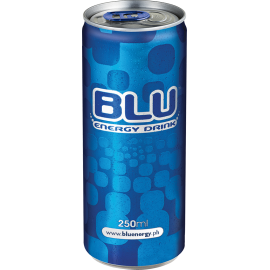 פחית כחולה בהירה ומרעננת של משקה אנרגיה בלו 250 מ''ל חלק מחבילות ומשקאות קלים ביאן משקאות