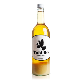 בקבוק ליקר טובי 60 700 מ''ל בצבע צהוב בהיר ותווית לבנה עם דמות ציפור