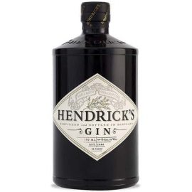 בקבוק ג'ין הנדריקס 1 ליטר מזוקק ומובק בסקוטלנד תווית בצבעי לבן וזהב