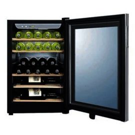 מקרר יין Haier JC87 ל-25 בקבוקים בעיצוב יוקרתי דלת זכוכית ומדפי עץ - מוצר משלים מושלם לאחסון יינות