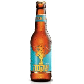 בקבוק בירה שקמה מרצ'ן לאגר 330 מ''ל עם טיפות רטיבות ורקע כחול
